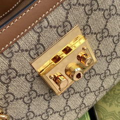 GG PADLOCK MEDIUM 26 SHOULDER BAG BEIGE CANVAS AND BROWN CALFSKIN