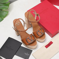 VLTN ESPADRILLE WEDGE SANDALS 25S 130 MM IN BROWN LAMBSKIN WITH GOLD HARDWARE