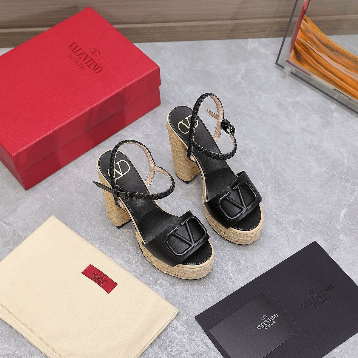 VLTN ESPADRILLE WEDGE SANDALS 25S 130 MM IN BLACK LAMBSKIN