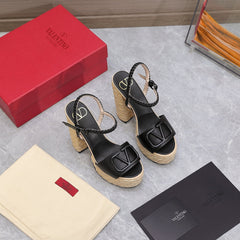 VLTN ESPADRILLE WEDGE SANDALS 25S 130 MM IN BLACK LAMBSKIN