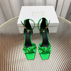 BALMAIN 25S KNOTTED HIGH HEELS 95MM IN KELLY GREEN SATIN