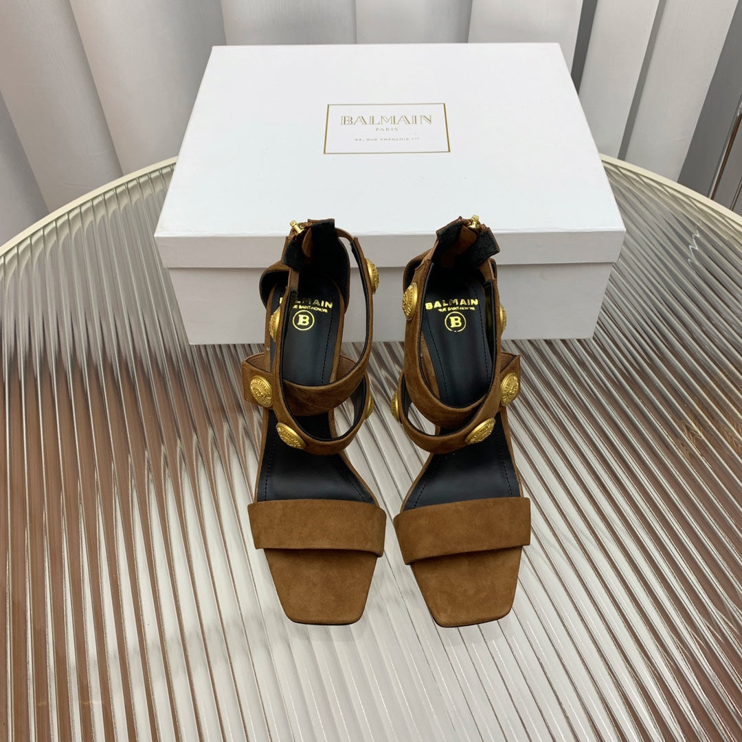 BALMAIN 25S CROSSOVER STRAP HIGH HEELS 95MM IN BROWN SUEDE