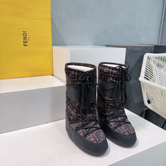 FF MOTIF MOON BOOTS IN WALNUT BROWN MONOGRAM POLYESTER AND RUBBER