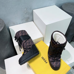 FF MOTIF MOON BOOTS IN WALNUT BROWN MONOGRAM POLYESTER AND RUBBER