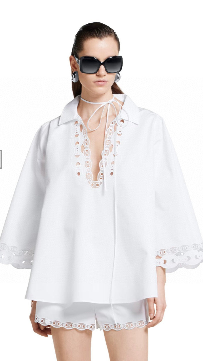 GG WHITE SHIRT COTTON WITH EYELET EMBROIDERY WITH TIE-NECK DETAIL