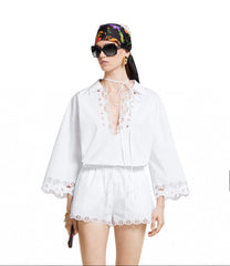 GG WHITE SHIRT COTTON WITH EYELET EMBROIDERY WITH TIE-NECK DETAIL
