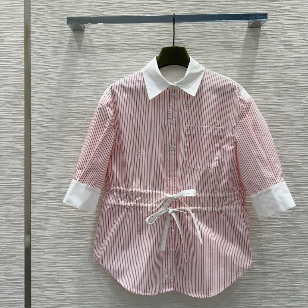 GG SIGNATURE SHIRT IN PINK STRIPE COTTON WITH DRAWSTRING WAIST
