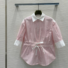 GG SIGNATURE SHIRT IN PINK STRIPE COTTON WITH DRAWSTRING WAIST