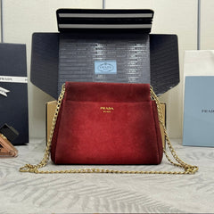 PRADA 25S ENCHAINE MINI BAG 22 IN RUBY RED SUEDE GOLD HARDWARE