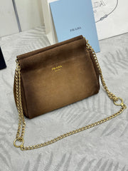 PRADA 25S ENCHAINE MINI BAG 22 IN CARAMEL BROWN SUEDE GOLD HARDWARE