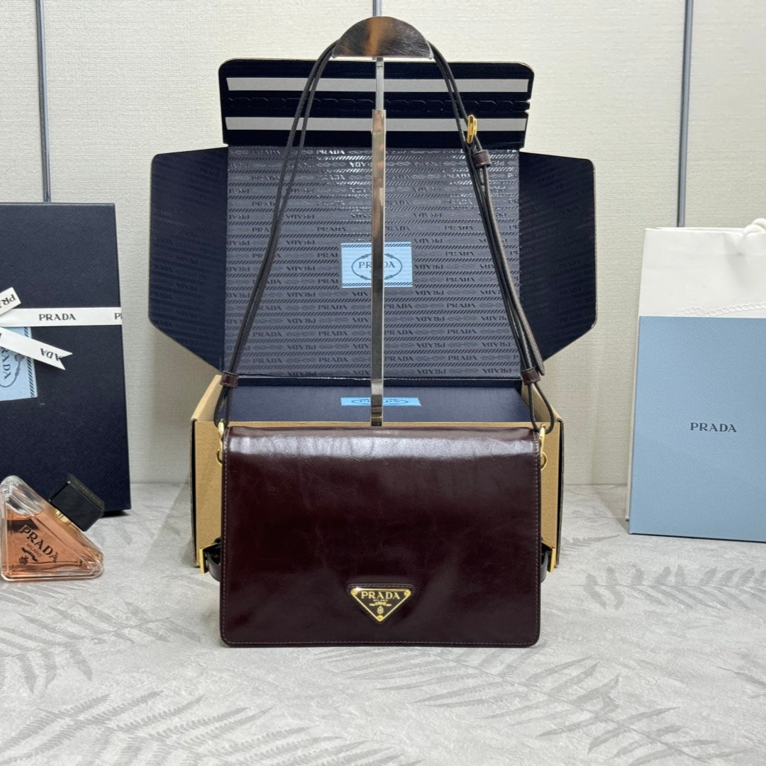 PRADA 25S SHOULDER BAG 23 IN DARK BROWN CALFSKIN GOLD HARDWARE