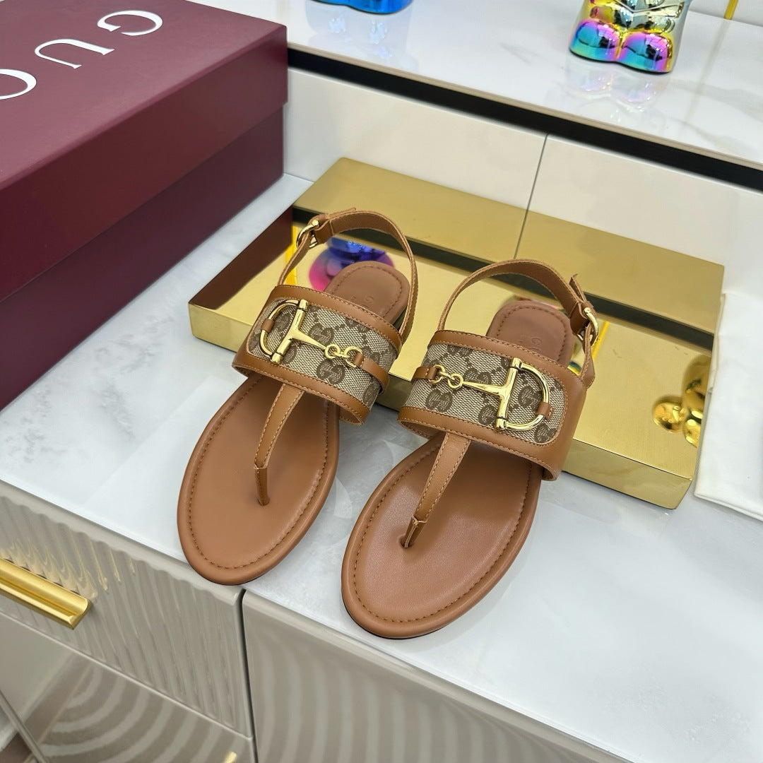 GG FLAT THONG SANDALS WITH ANKLE STRAP IN BROWN LAMBSKIN AND BEIGE FABRIC