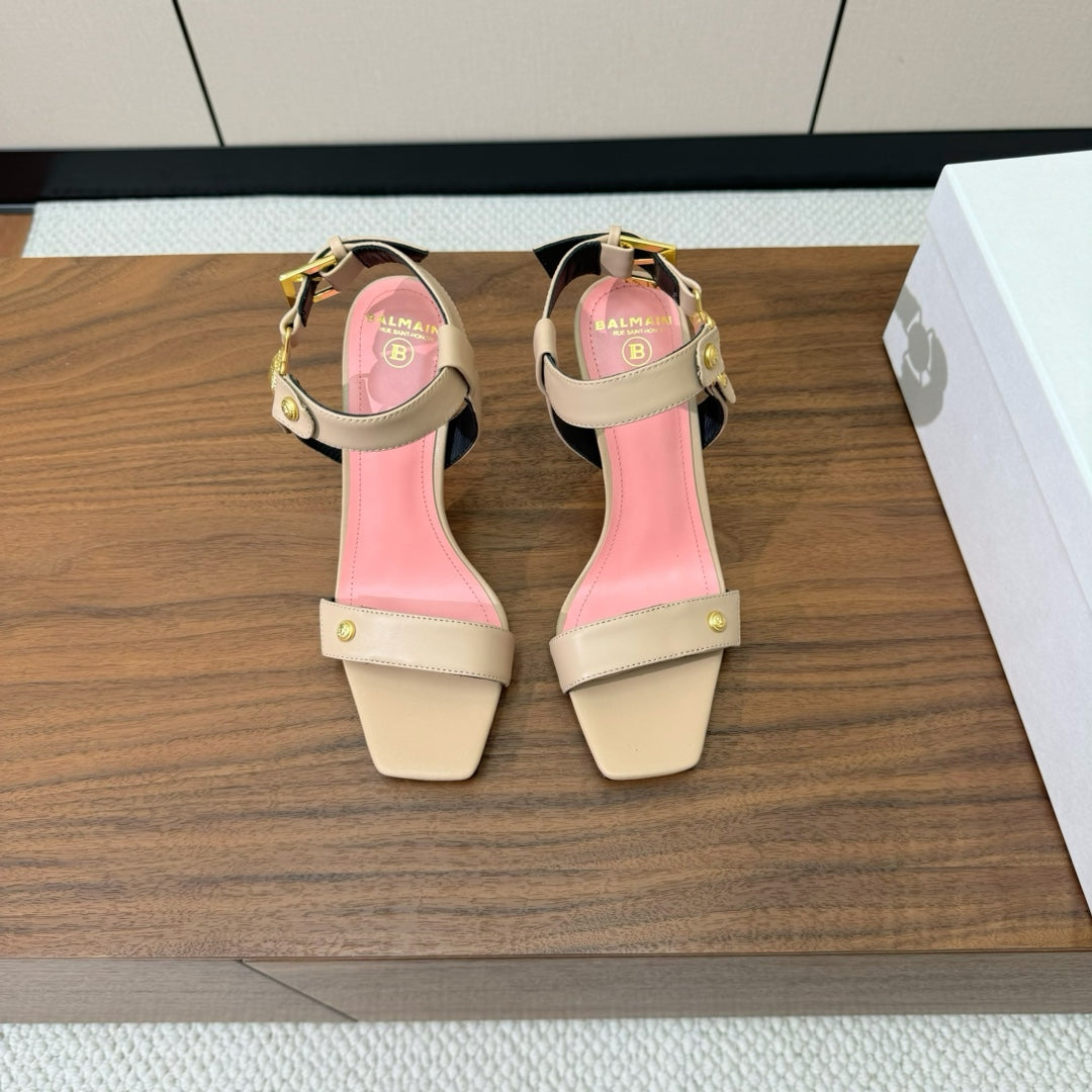 BALMAIN 25S HEELED EVA SANDALS 95MM IN BEIGE AND PINK CALFSKIN