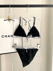 CC BIKINI SWIMSUIT SET IN BLACK WITH WHITE TRIM 627832