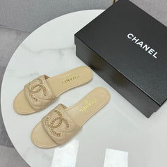 CC SLIDE SANDALS 25S IN BEIGE CALFSKIN WITH LOGO