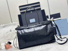 PRADA 25S BONNIE LARGE HANDBAG 38 IN BLACK GLOSSY CALFSKIN GOLD HARDWARE