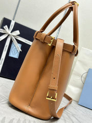 PRADA 25S BUCKLE MEDIUM HANDBAG 35 IN DARK CARAMEL CALFSKIN GOLD HARDWARE