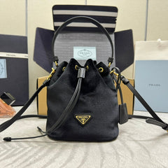 PRADA 25S BUCKET BAG 19 IN BLACK VELVET GOLD HARDWARE