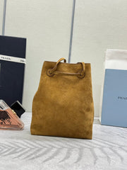 PRADA 25S BUCKET BAG 20 IN LIGHT CARAMEL SUEDE GOLD HARDWARE