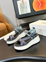 CHLOÉ NAMA WEDGE SANDALS IN GREY FABRIC AND WHITE RUBBER